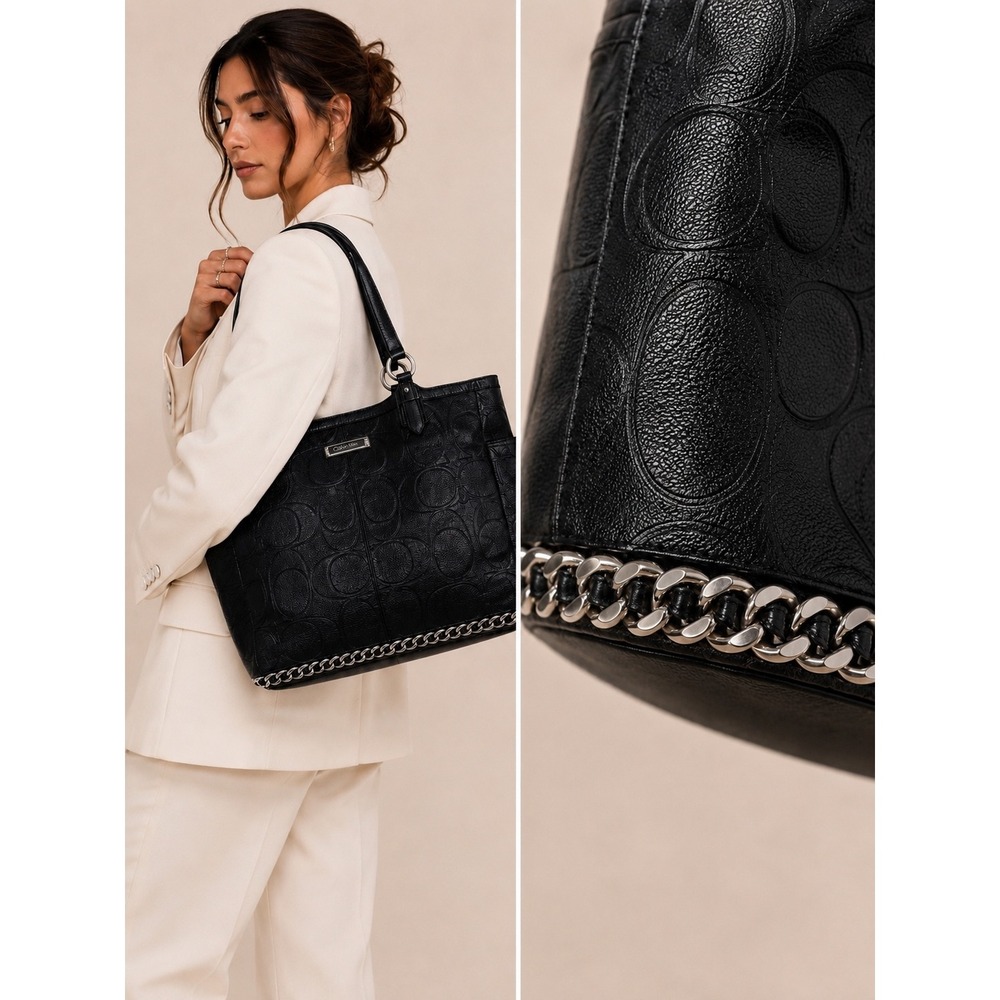 Calvin Klein Black Tote‎ Bag Silver Chain Whipstitch Trim Quiet Luxury Work